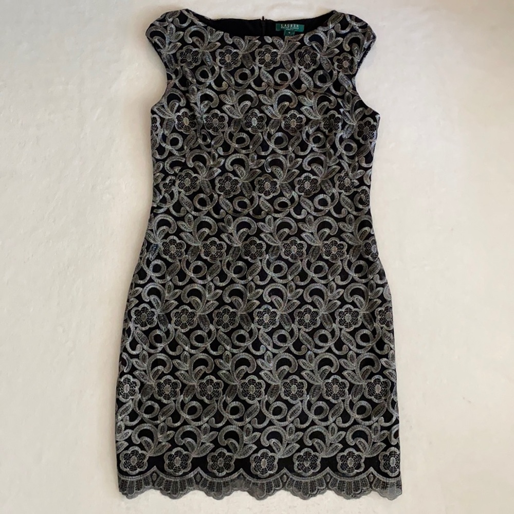 {NWT} Lauren Ralph Lauren | Metallic Embroidered Sheath Dress Black Pewter 12 - Picture 2 of 16